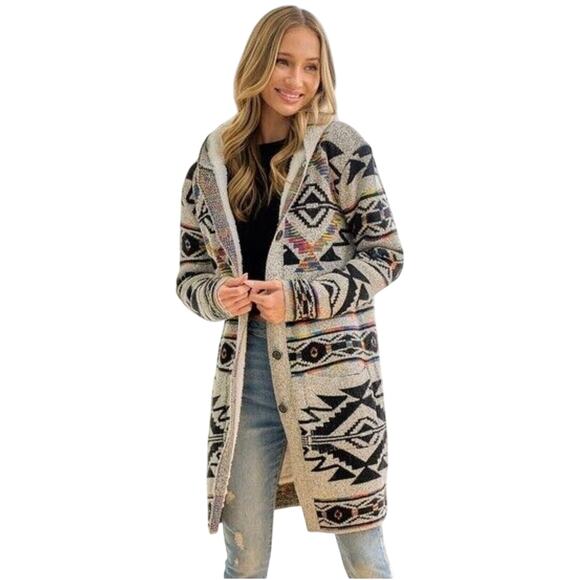 On Blue Aztec Sherpa Lined Cardigan Sweater Women's Small Hood Bohemian Western - Picture 1 of 10